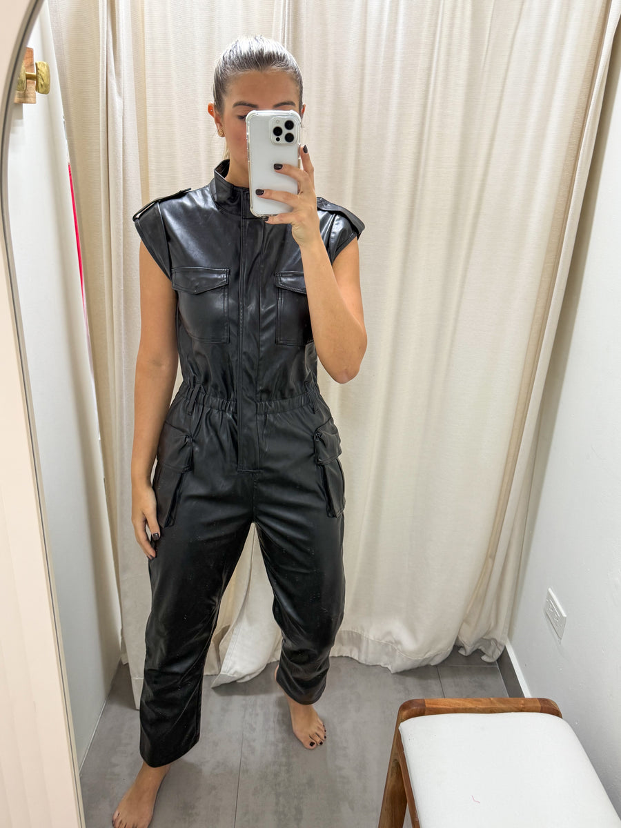 BLACK PU LEATHER JUMPSUIT