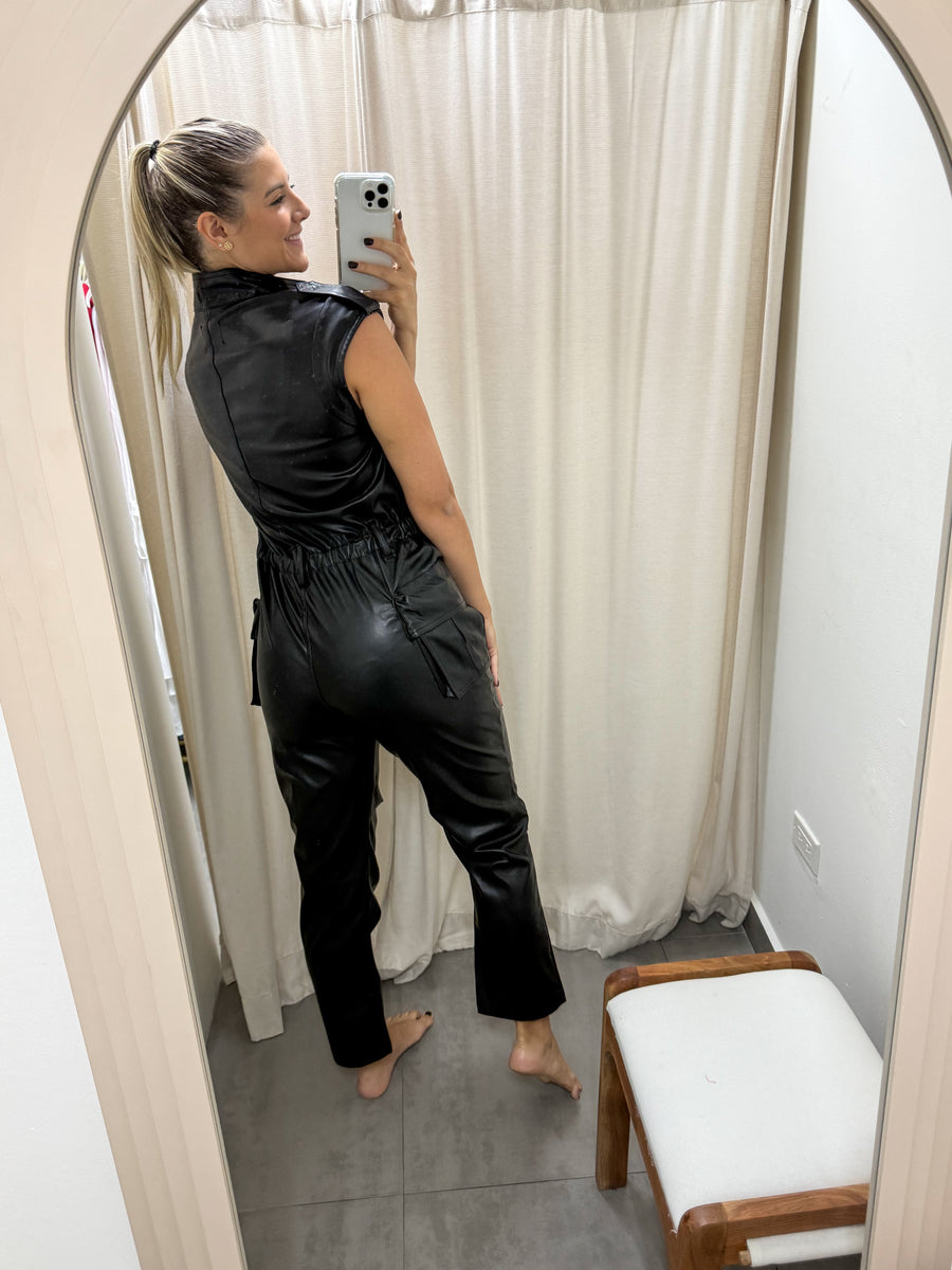 BLACK PU LEATHER JUMPSUIT