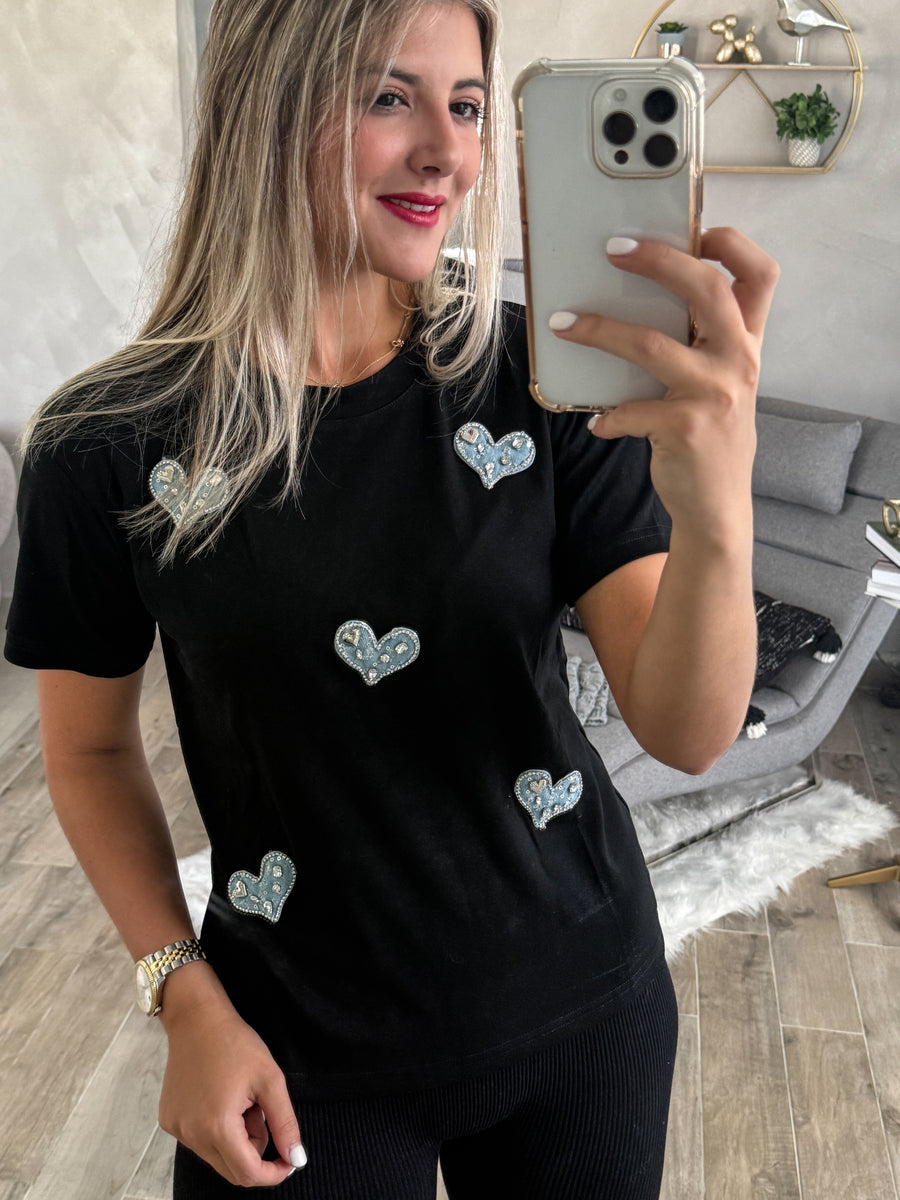 BLACK DENIM HEART TSHIRT