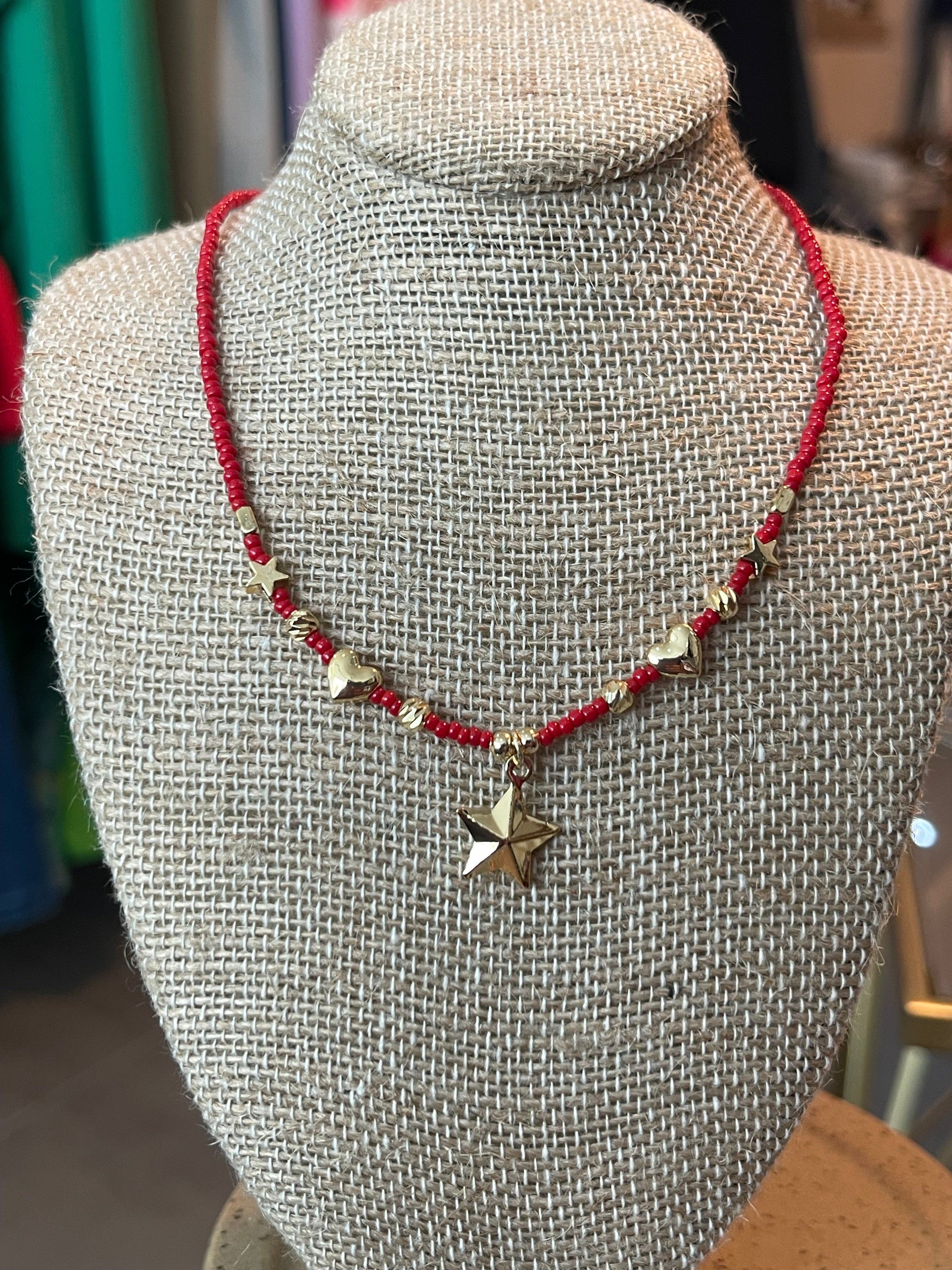 RED SUN BEAD STAR & HEART NECKLACE