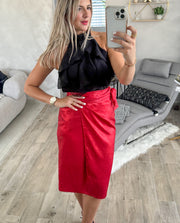 RED SATIN METALLIC WRAP AROUND SKIRT