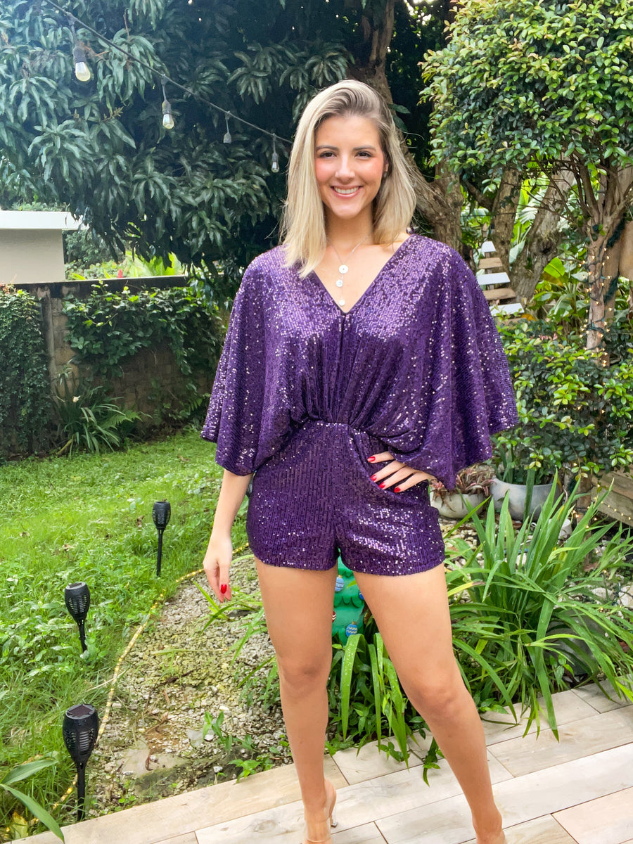 PURPLE SEQUIN KIMONO ROMPER