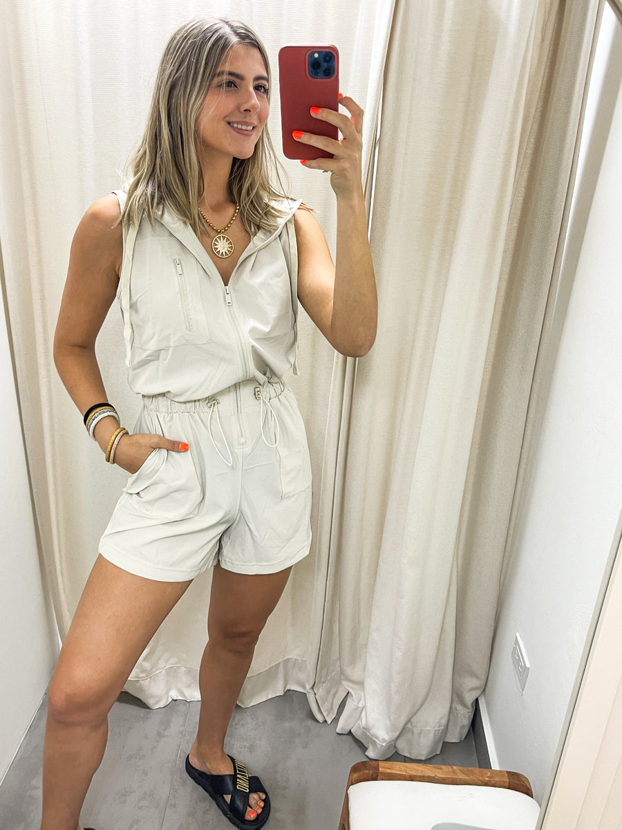 BONE WHITE NYLON HOODIE ROMPER