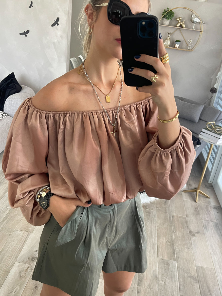 TAUPE SATIN OFF SHOULDER BLOUSE