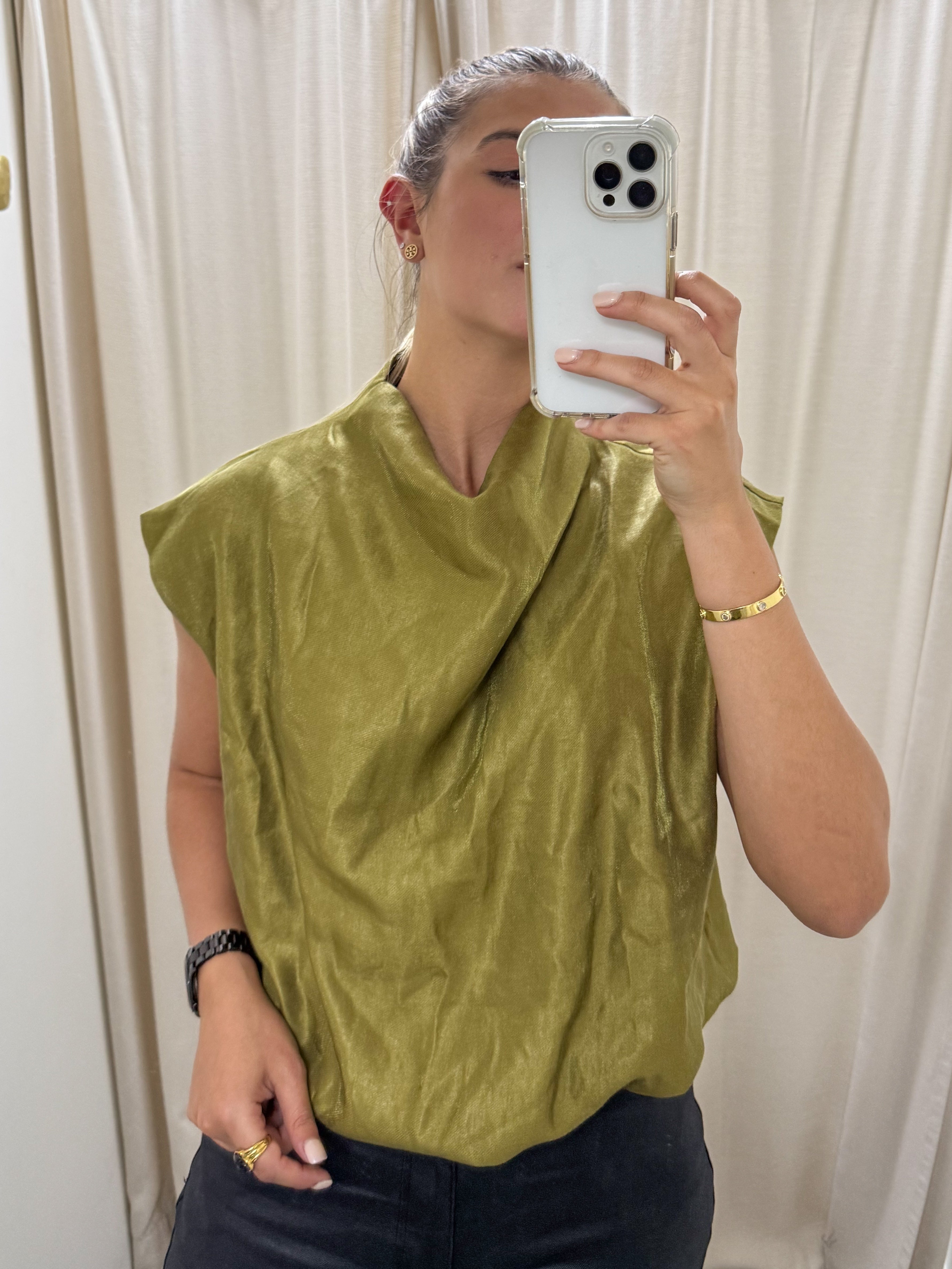 OLIVE SATIN MOCK NECK BLOUSE