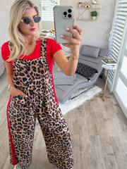 LEOPARD RED SIDE TRACK OVERALL JUMPSUIT