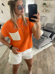 ORANGE/ WHITE MOCK NECK KNITTED TOP