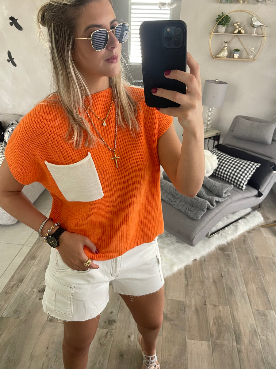 ORANGE/ WHITE MOCK NECK KNITTED TOP