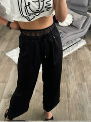 BLACK SATIN DOUBLE WAIST LACE DETAILED PANTS