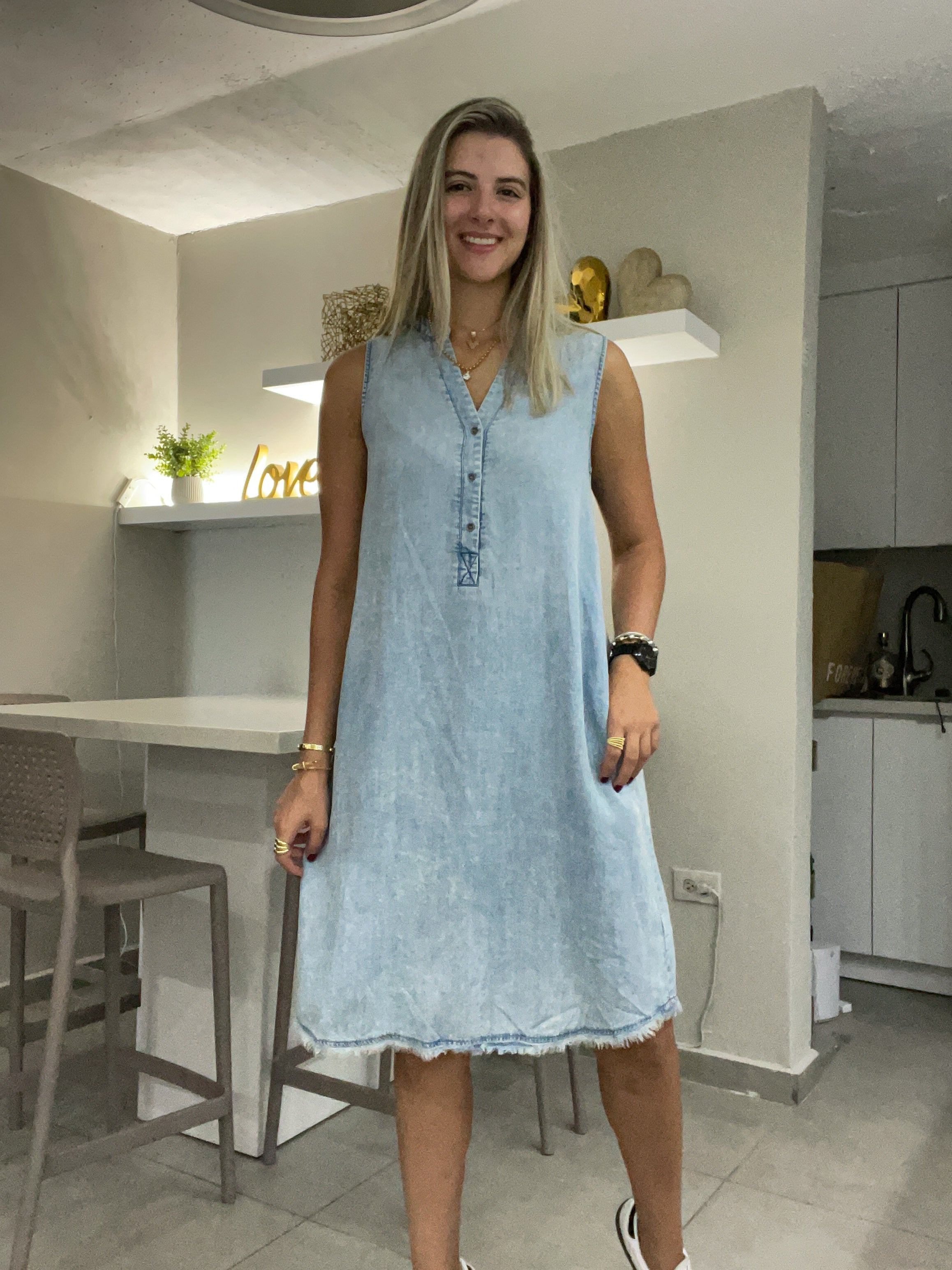 LIGHT DENIM TENCEL SLEEVELESS KNEE LENGTH DRESS