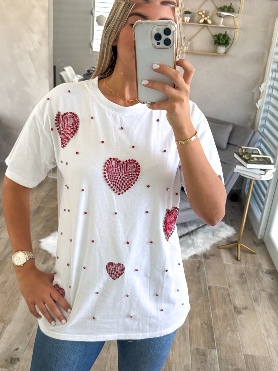 WHITE HEART RHINESTONES OVERSIZED TSHIRT