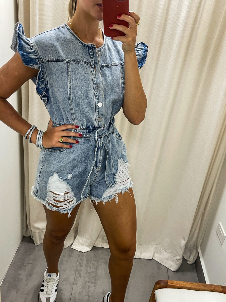 DENIM DISTRESSED ROMPER