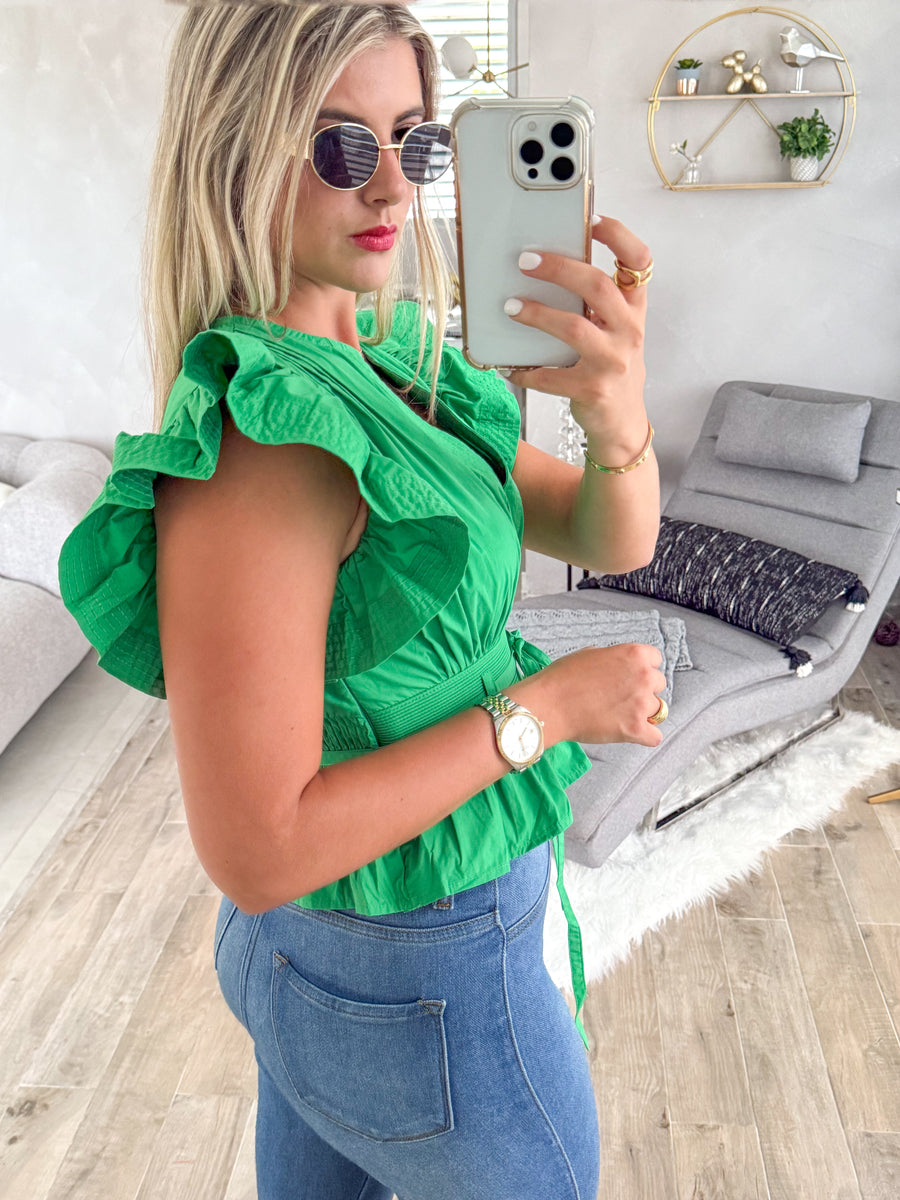 KELLY GREEN RUFFLE SLEEVES BLOUSE