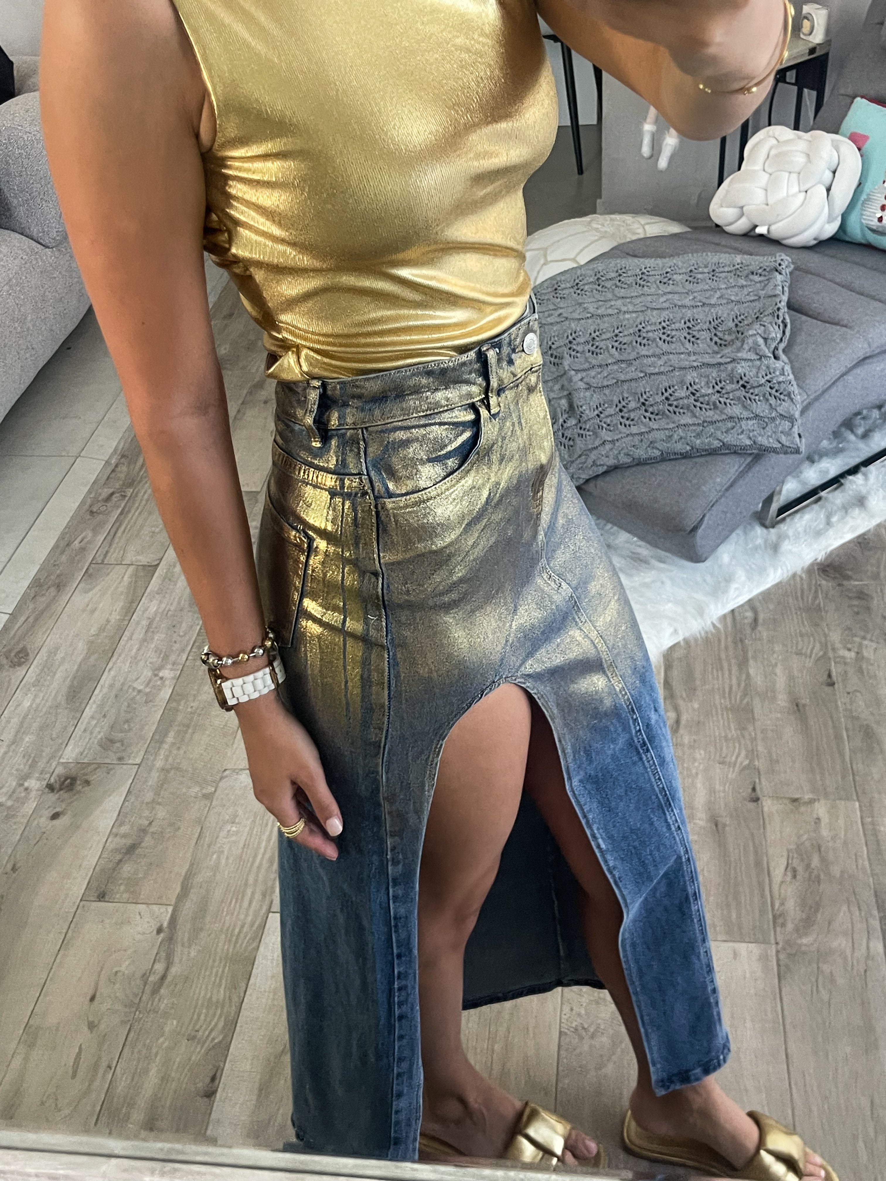 GOLD METALLIC DENIM STRETCH ASYMMETRICAL SKIRT