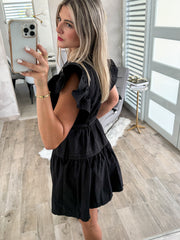 BLACK FLUTTER SLEEVES POPLIN SHORT DRESS