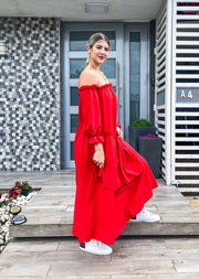 RED OFF SHOULDER ASYMMETRICAL MAXI DRESS