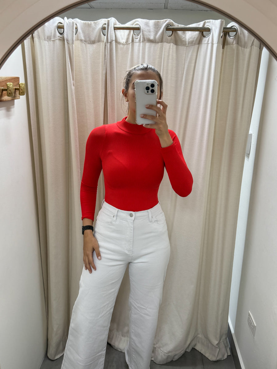 RED LONG SLEEVE RIBBED BODYSUIT