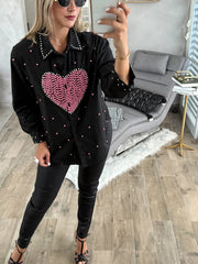 BLACK BEDAZZLED HEART BLOUSE