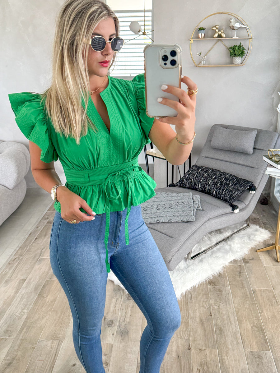 KELLY GREEN RUFFLE SLEEVES BLOUSE