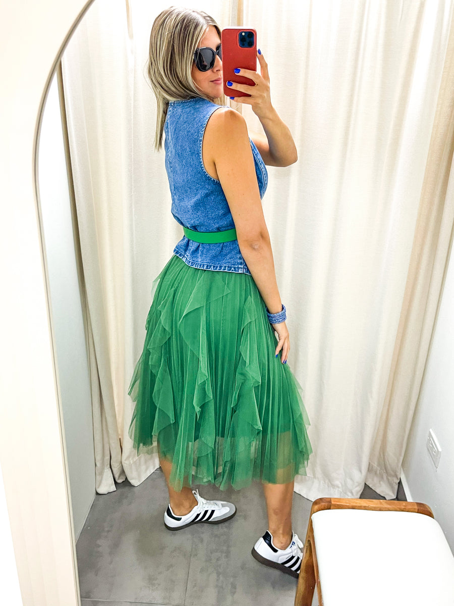 GREEN TULLE MIDI SKIRT