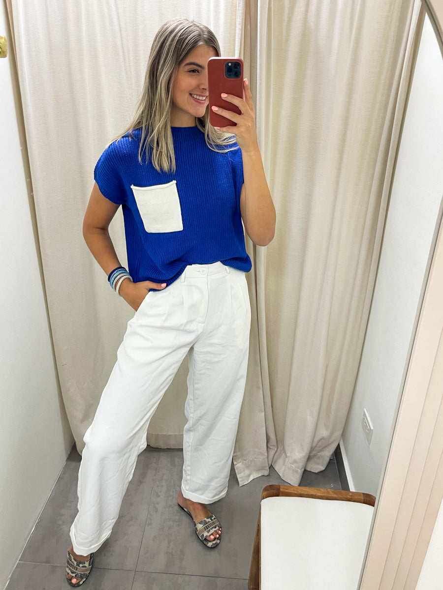 ROYAL BLUE/ WHITE MOCK NECK KNITTED TOP