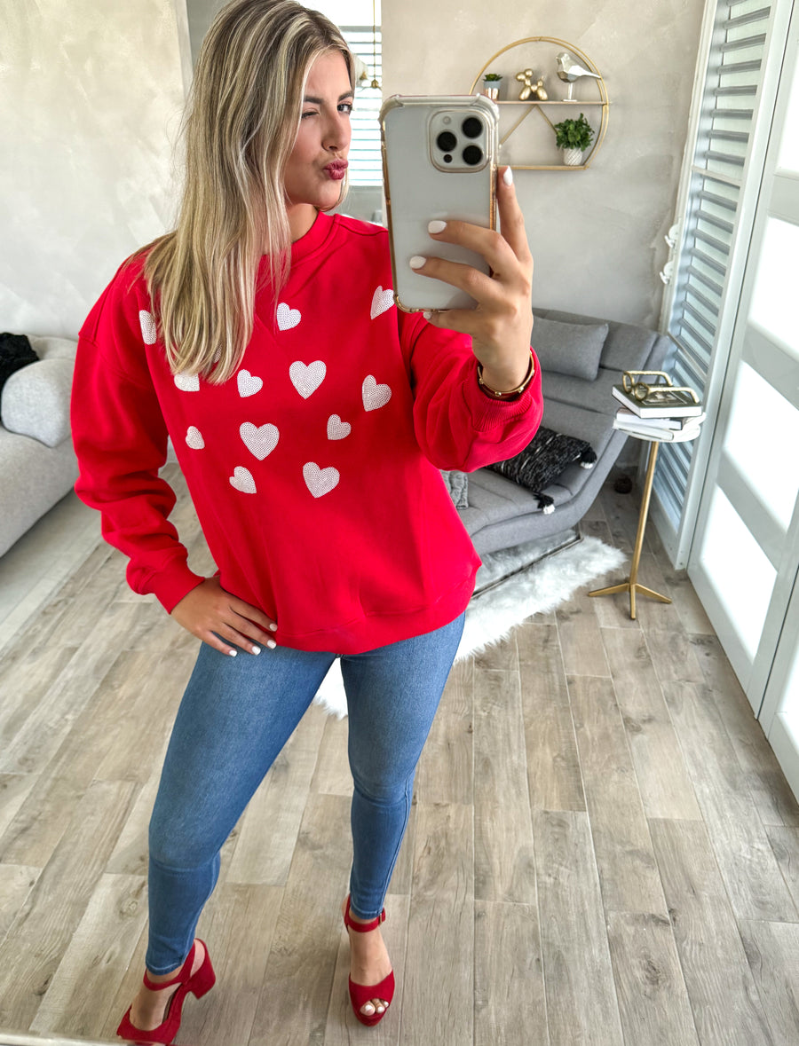 RED WHITE SEQUIN HEART SWEATER