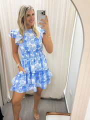 BLUE/WHITE PRINTED SHORT DRESS