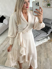 CREAM SATIN WRAP AROUND DRESS