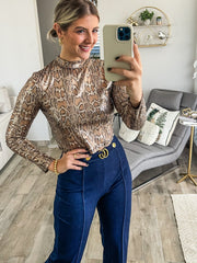 LONG SLEEVE TAUPE SNAKE PRINT BLOUSE