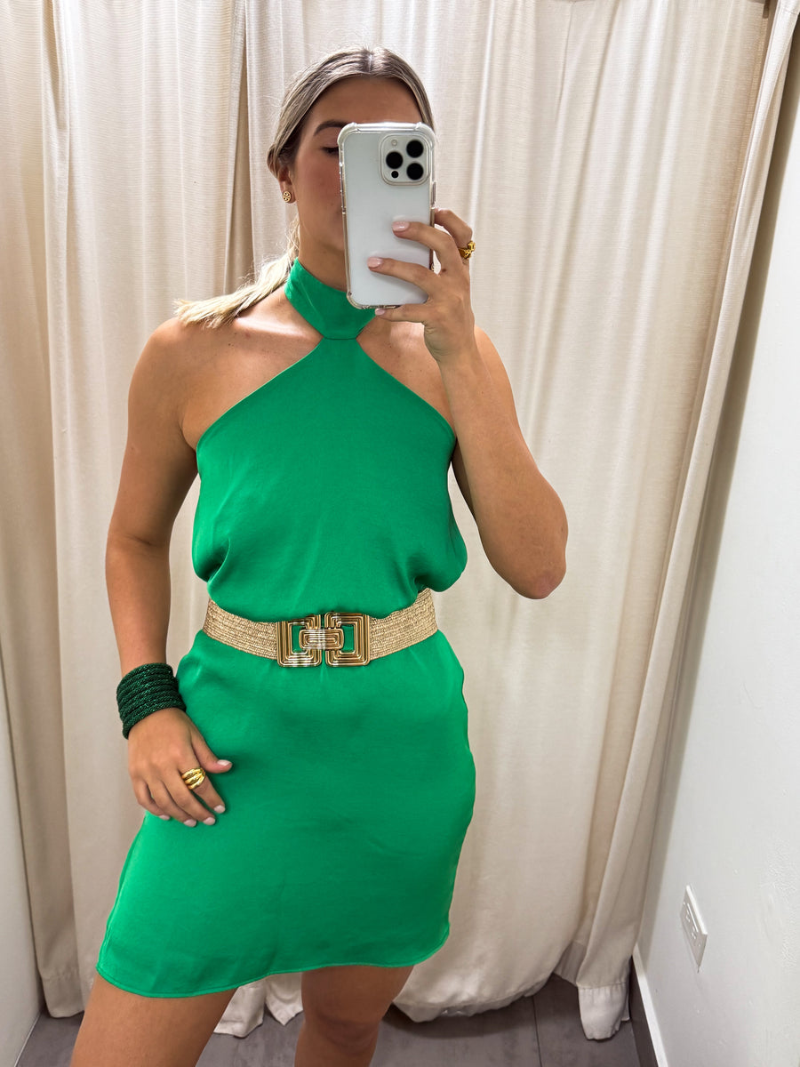 GREEN SILKY HALTER SHORT DRESS