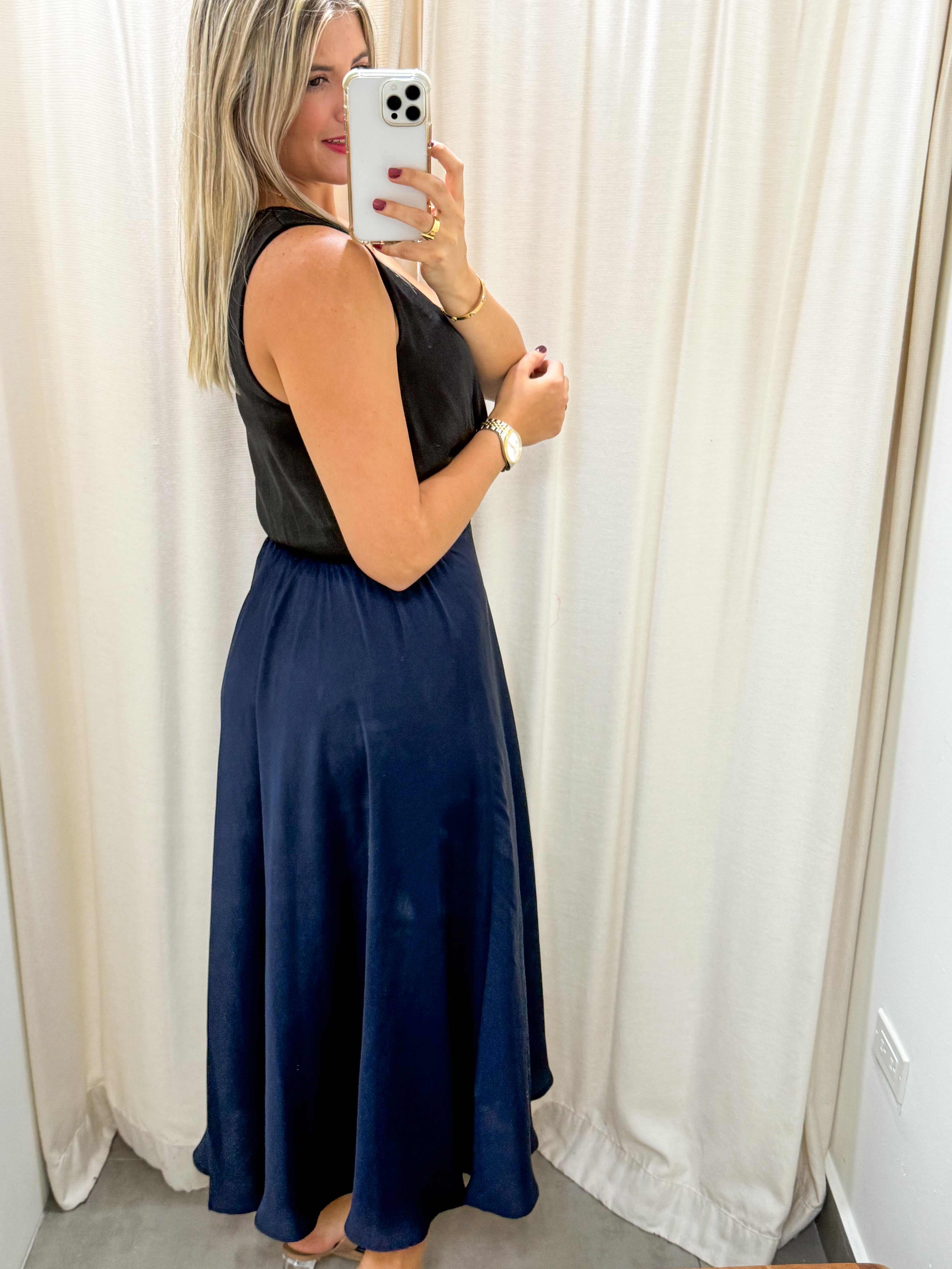 NAVY SILKY HIGH LOW SKIRT