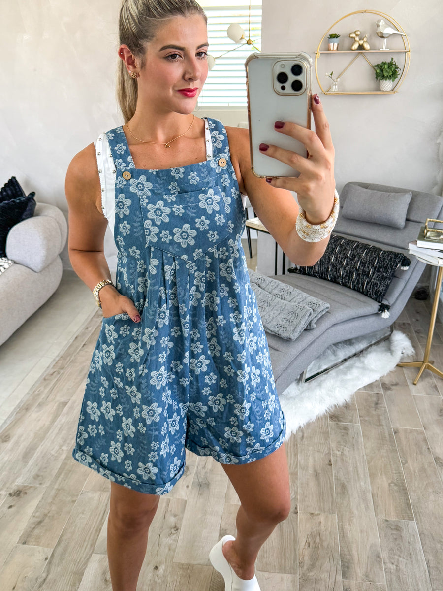 DENIM FLORAL SHORT OVERALL