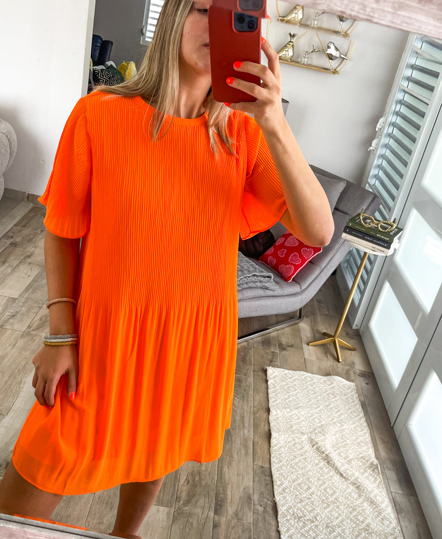 NEON ORANGE PLEATED DRESS