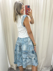 DENIM PRINT MIDI SKIRT