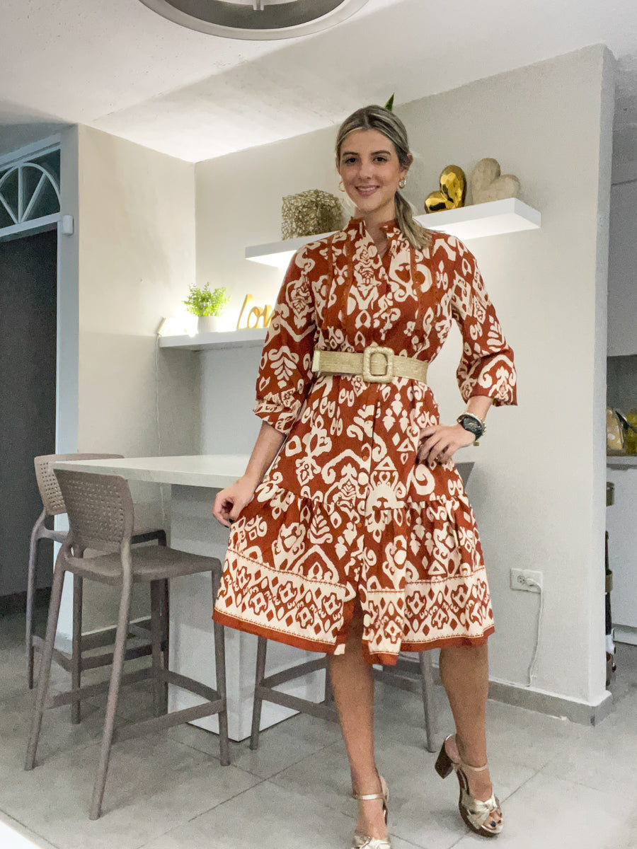 RUST LONG SLEEVE PRINTED BUTTONED DRESS