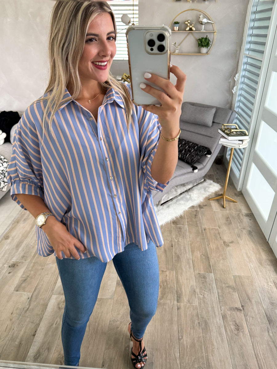 BLUE/BEIGE STRIPED TUNIC BLOUSE