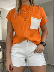 ORANGE/ WHITE MOCK NECK KNITTED TOP