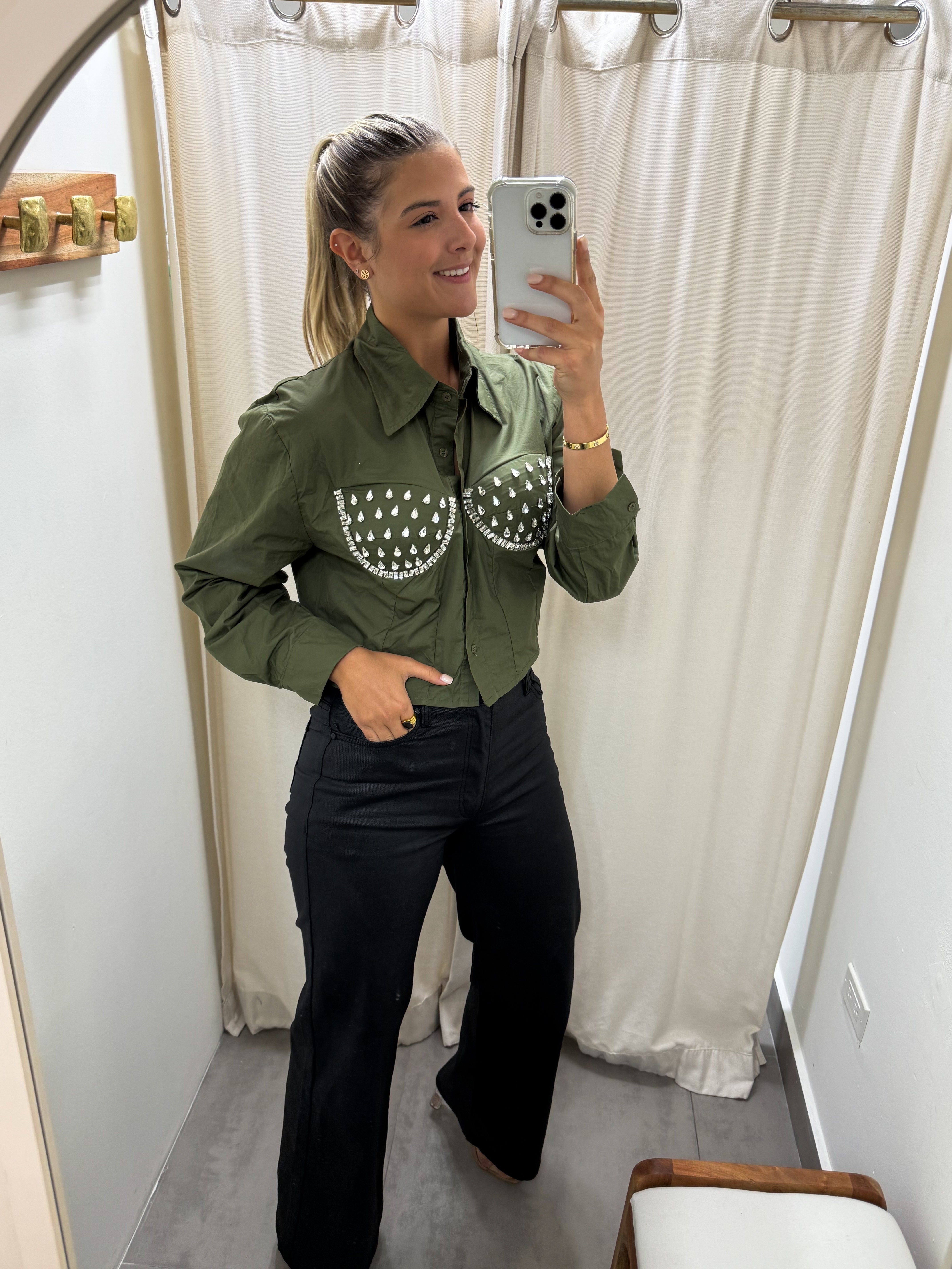 OLIVE RHINESTONE DETAILED BLOUSE