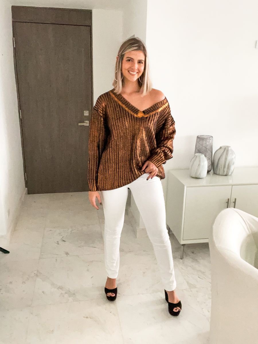 BRONZE V-NECK METALLIC SWEATER