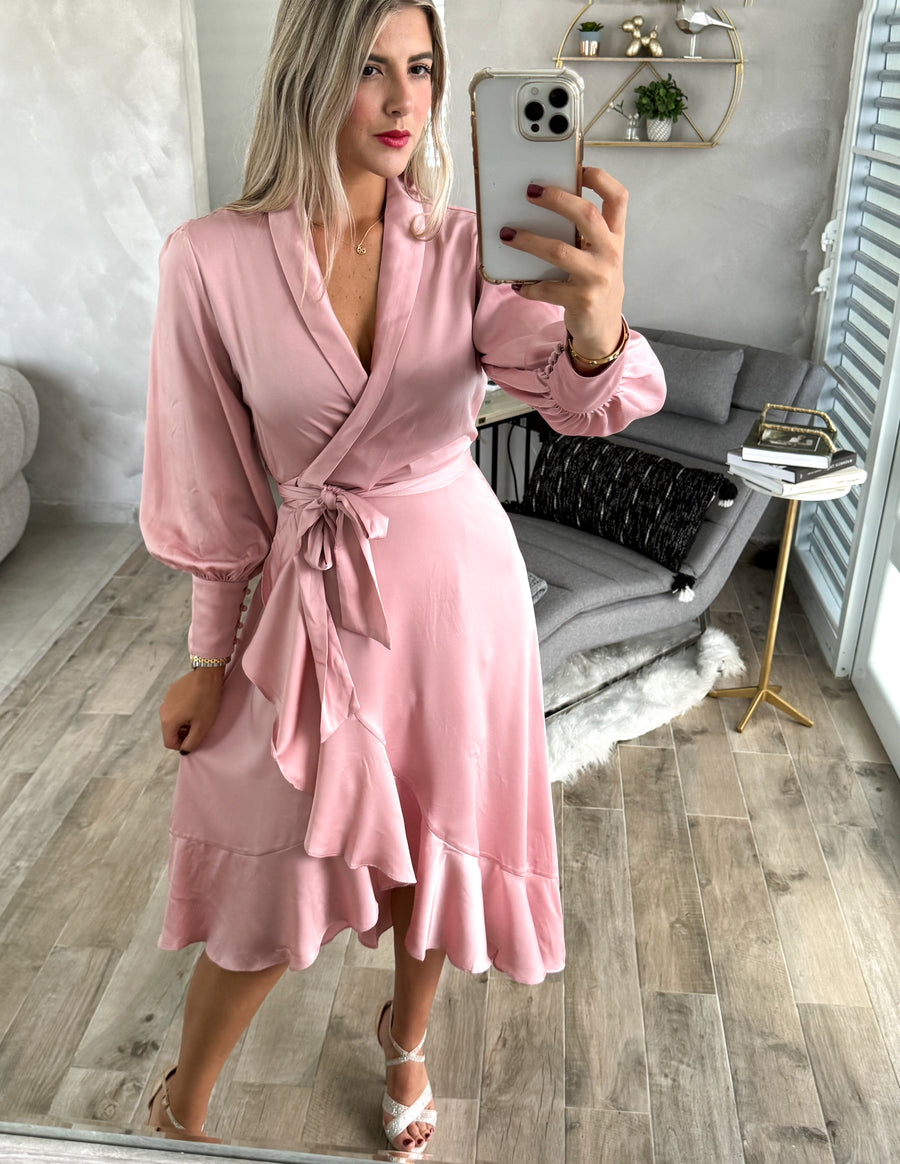 BLUSH SATIN WRAP AROUND DRESS