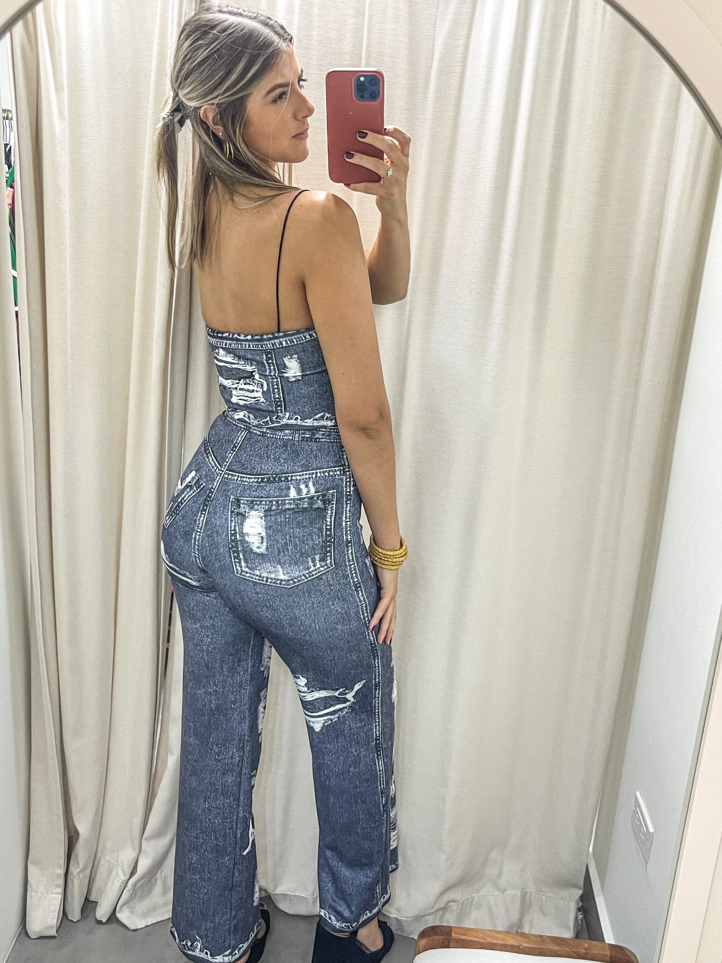 DARK BLUE DENIM ILLUSION CROP TOP & PANT SET