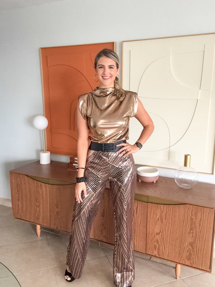 BRONZE METALLIC SHOULDER PADDED BLOUSE