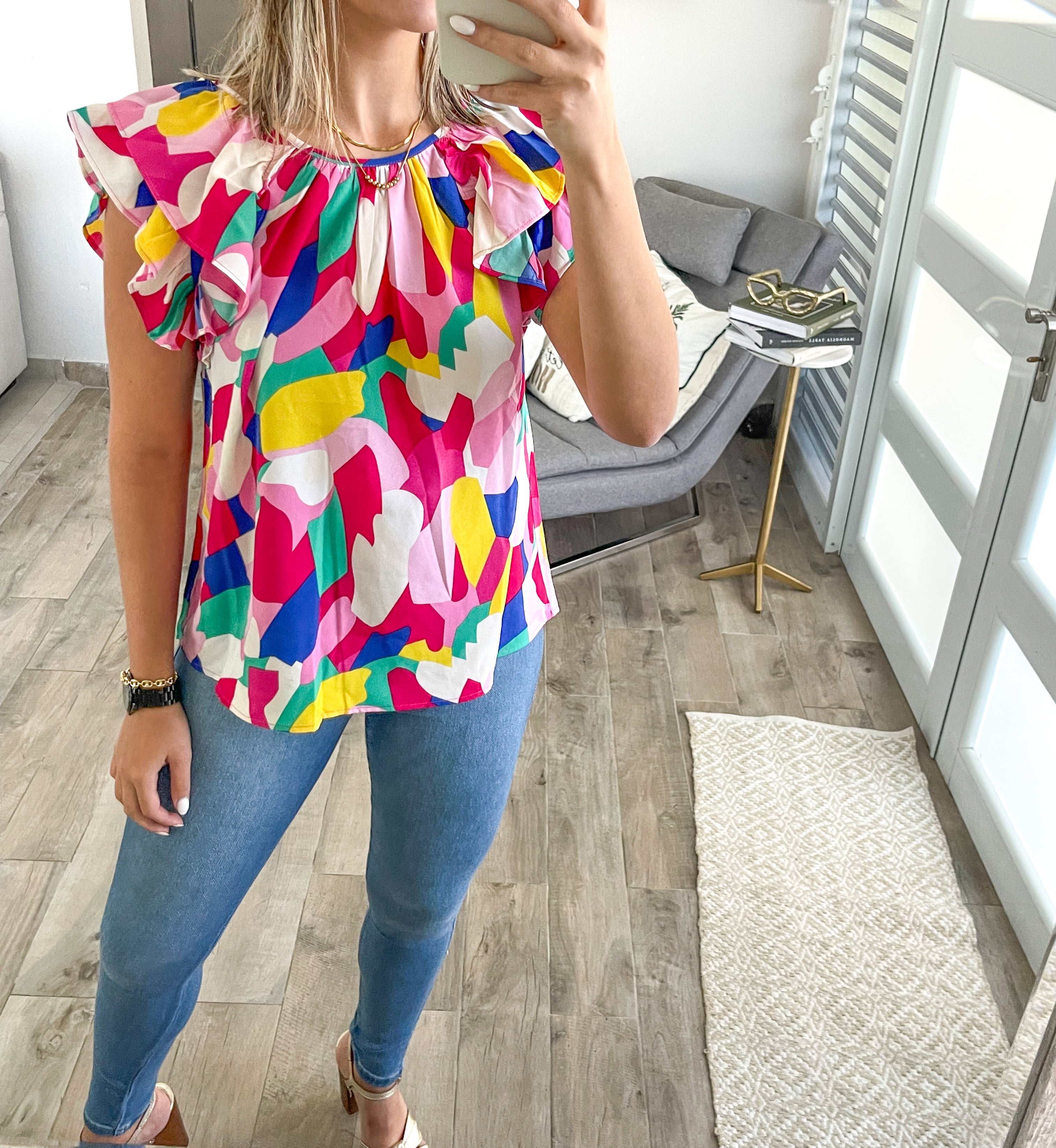 MULTICOLOR FLUTTER SLEEVES BLOUSE