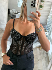 BLACK RHINESTONES MESH BODYSUIT