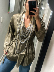 OLIVE SATIN WRAP AROUND BLOUSE