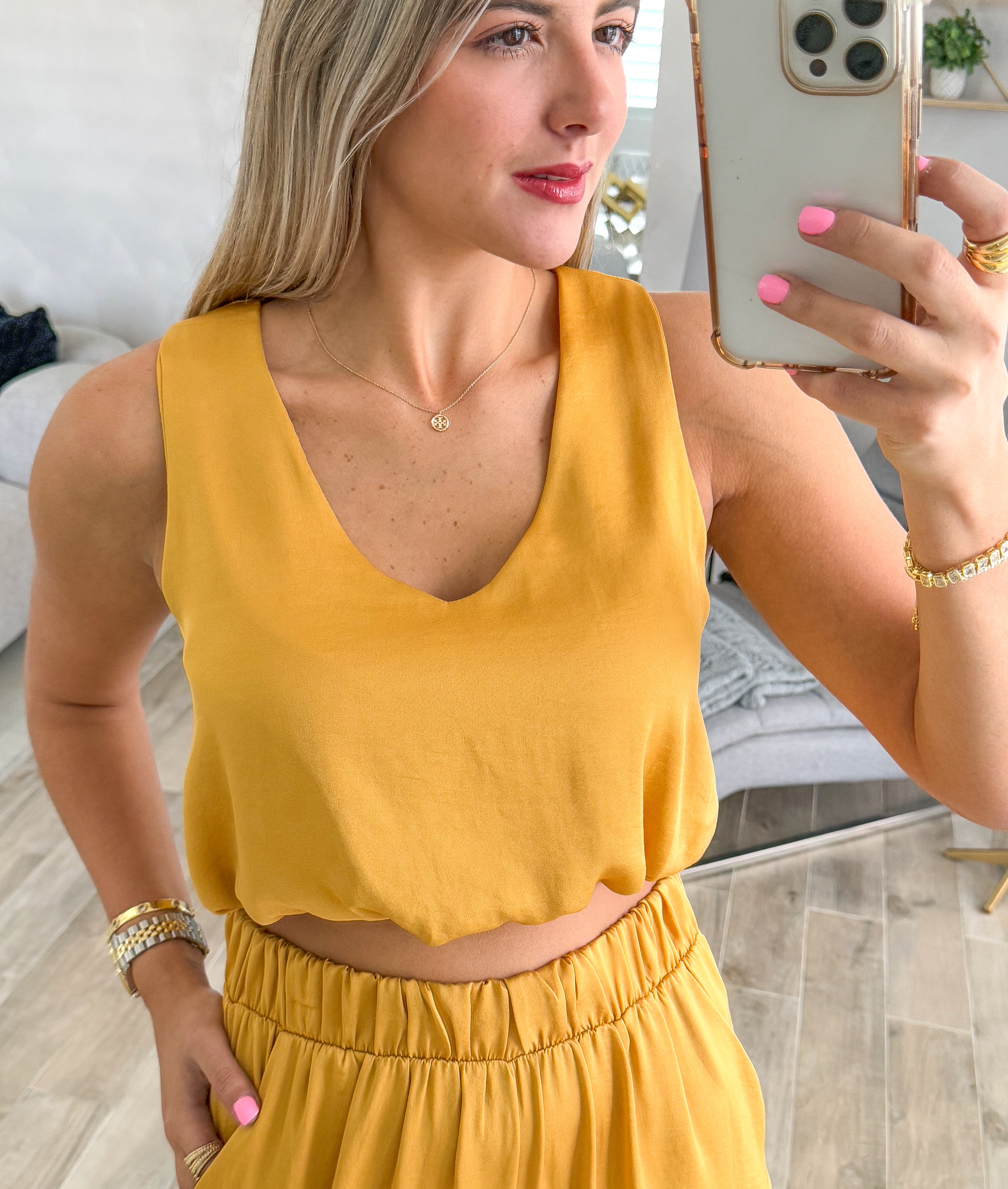 MUSTARD SILKY V-NECK TOP