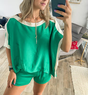 GREEN SILKY STRIPED DETAILED BLOUSE