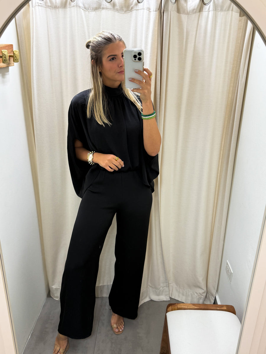 BLACK SATIN CAFTAN JUMPSUIT