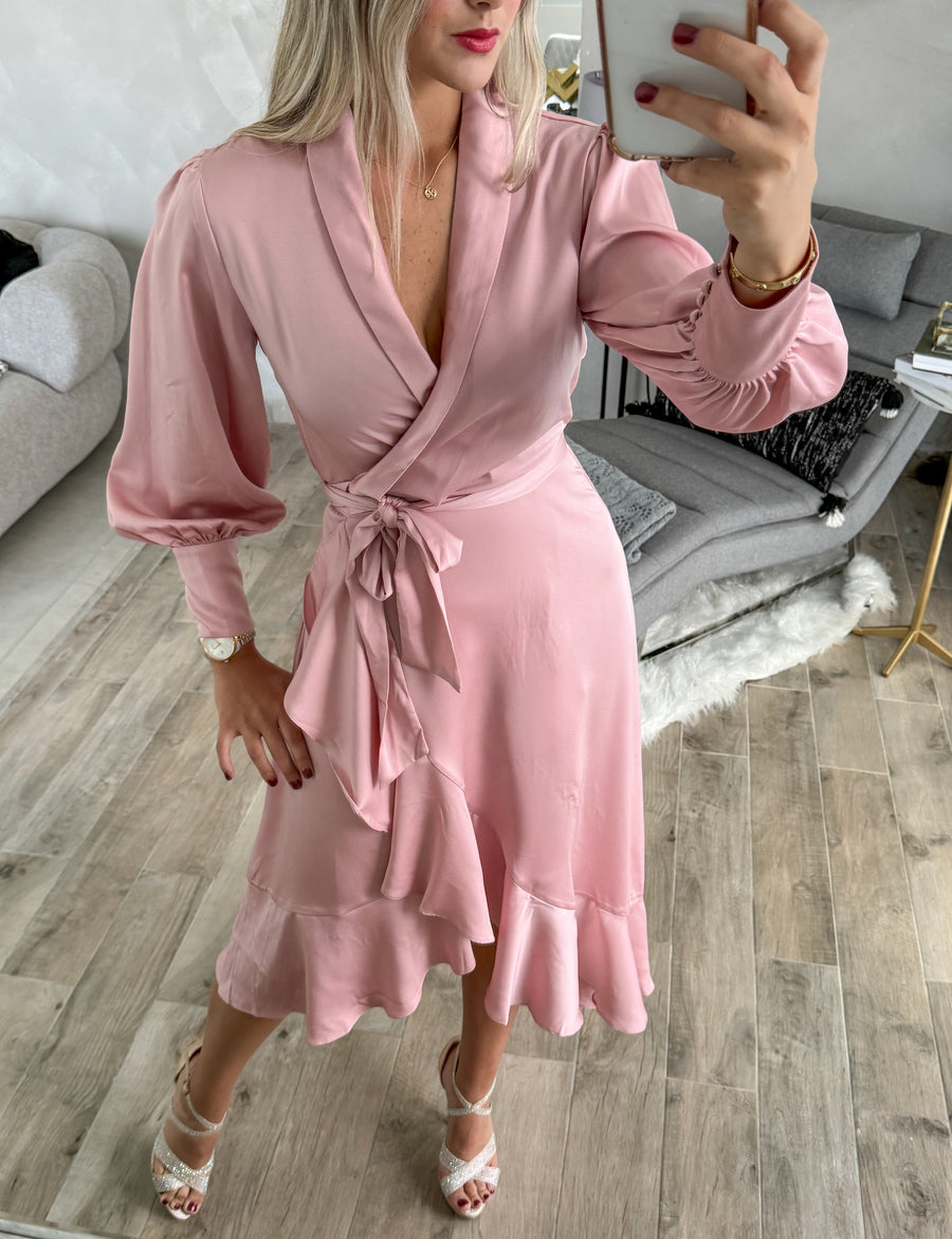 BLUSH SATIN WRAP AROUND DRESS