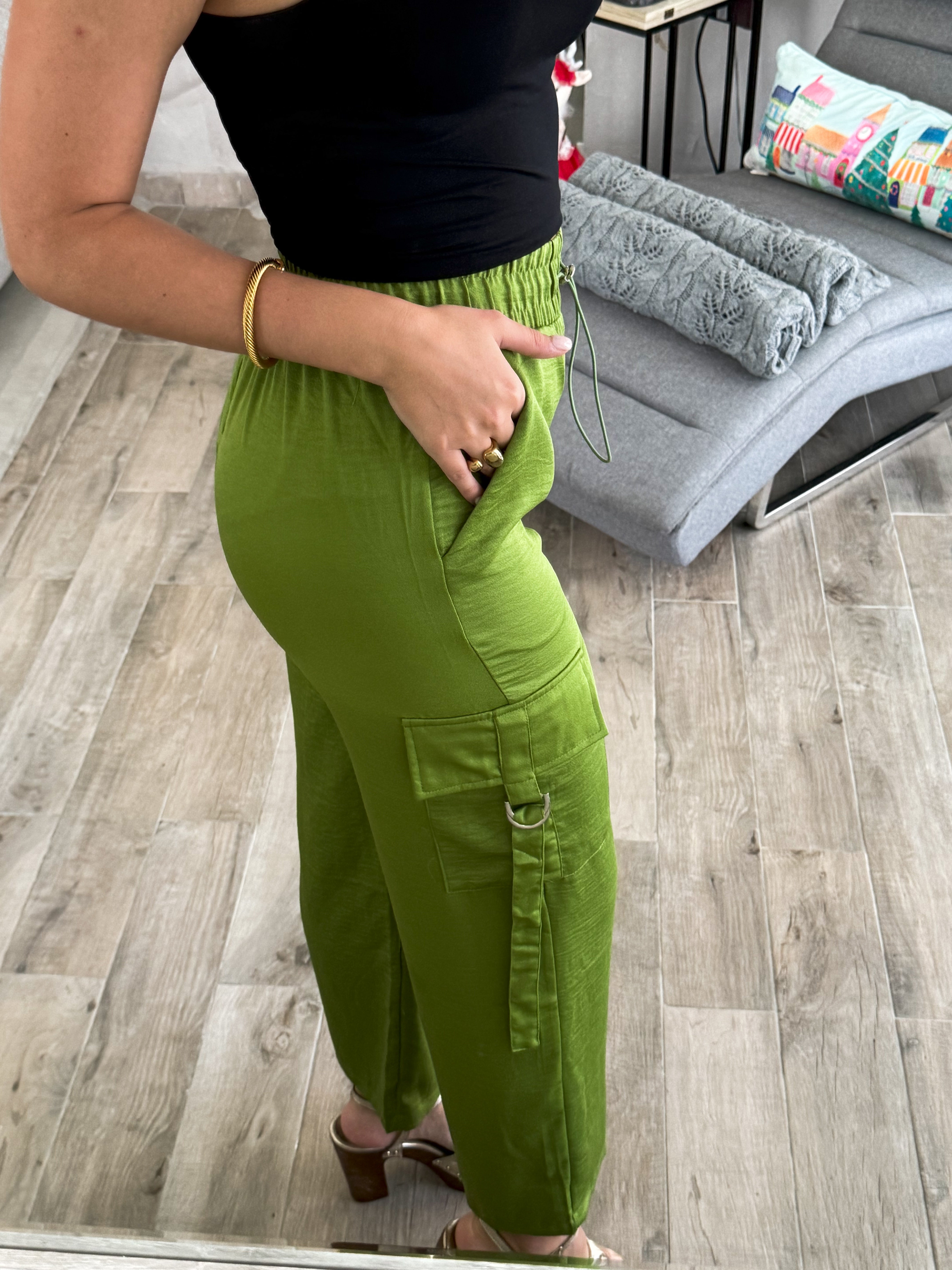 GREEN SATIN CARGO PANTS